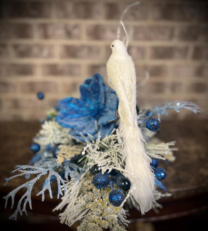 Winter Arrangement with Navy Shimmer Poinsettia with White Dove - Navy Glitter ball accents