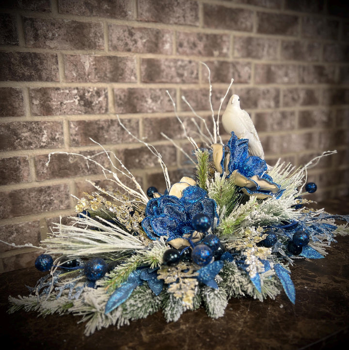 Winter Arrangement with Navy Shimmer Poinsettia with White Dove - Navy Glitter ball accents