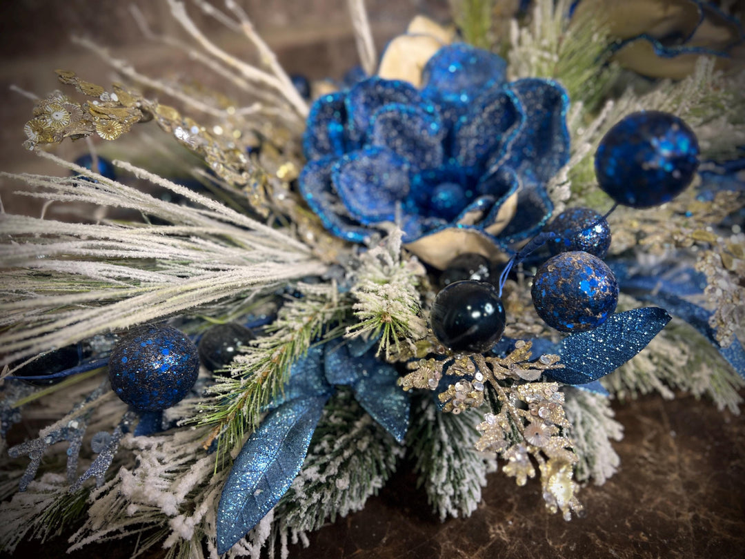 Winter Arrangement with Navy Shimmer Poinsettia with White Dove - Navy Glitter ball accents