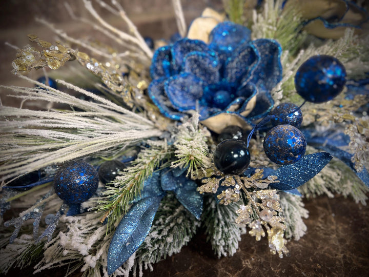 Winter Arrangement with Navy Shimmer Poinsettia with White Dove - Navy Glitter ball accents