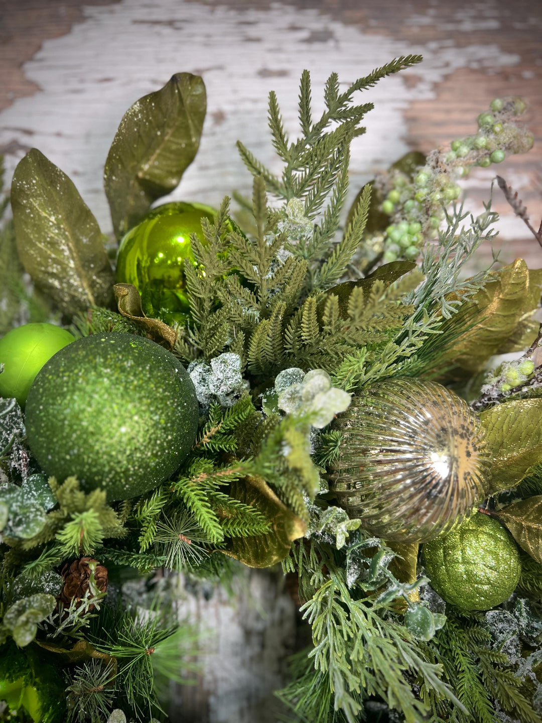 Christmas Grapevine wreath with Pine, Green and Gold Ornaments with sparkling foliage for the holidays