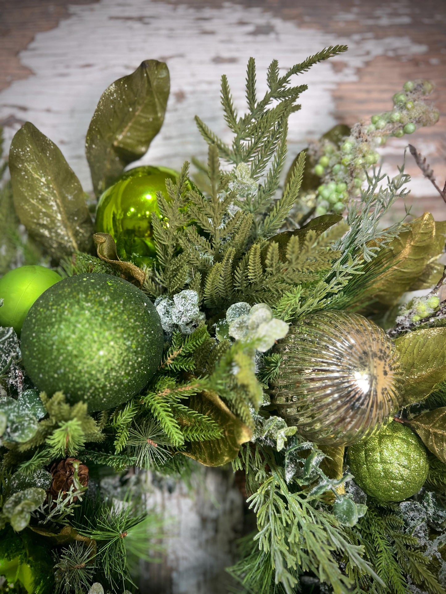 Christmas Grapevine wreath with Pine, Green and Gold Ornaments with sparkling foliage for the holidays