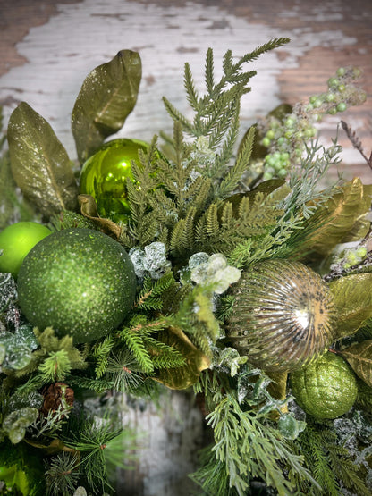 Christmas Grapevine wreath with Pine, Green and Gold Ornaments with sparkling foliage for the holidays