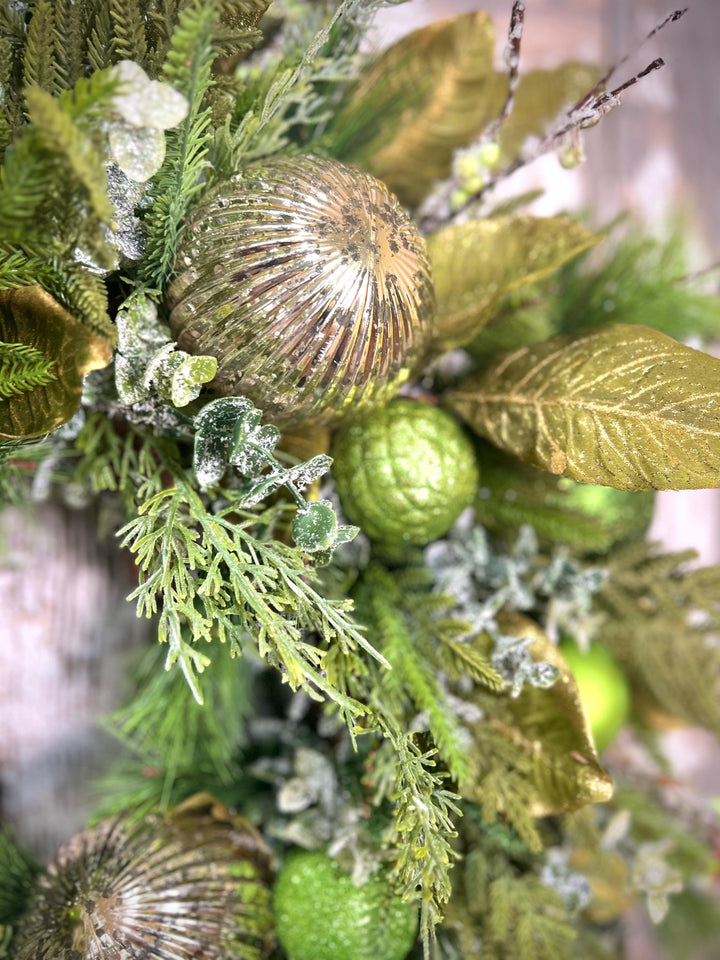 Christmas Grapevine wreath with Pine, Green and Gold Ornaments with sparkling foliage for the holidays