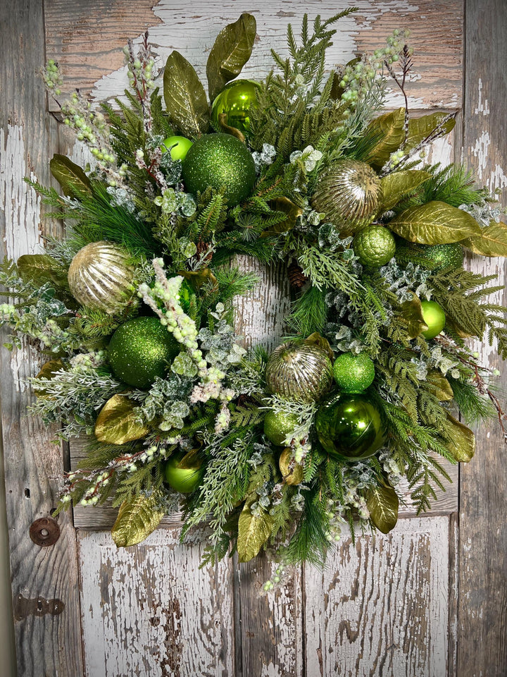 Christmas Grapevine wreath with Pine, Green and Gold Ornaments with sparkling foliage for the holidays