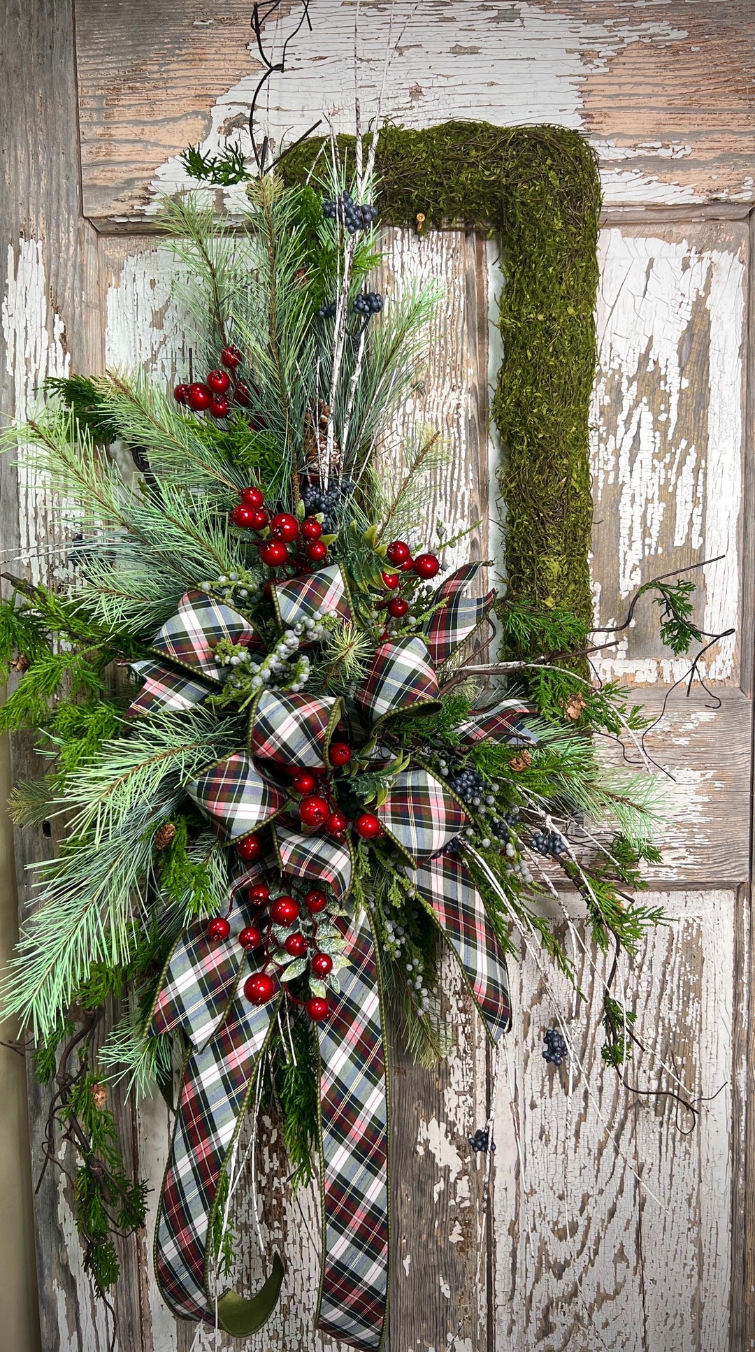 Rustic Woodland Moss Christmas Wreath - Designer ribbon Bow