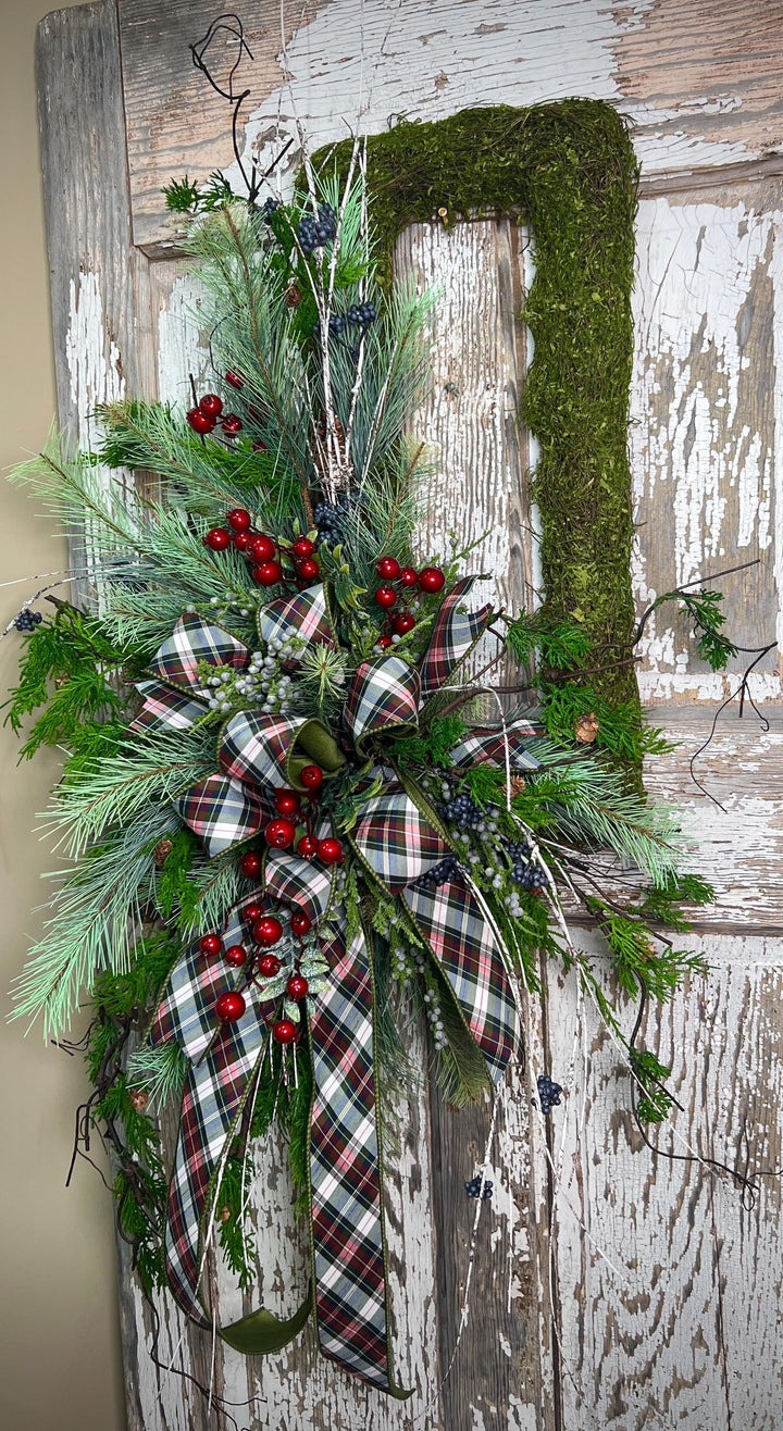 Rustic Woodland Moss Christmas Wreath - Designer ribbon Bow
