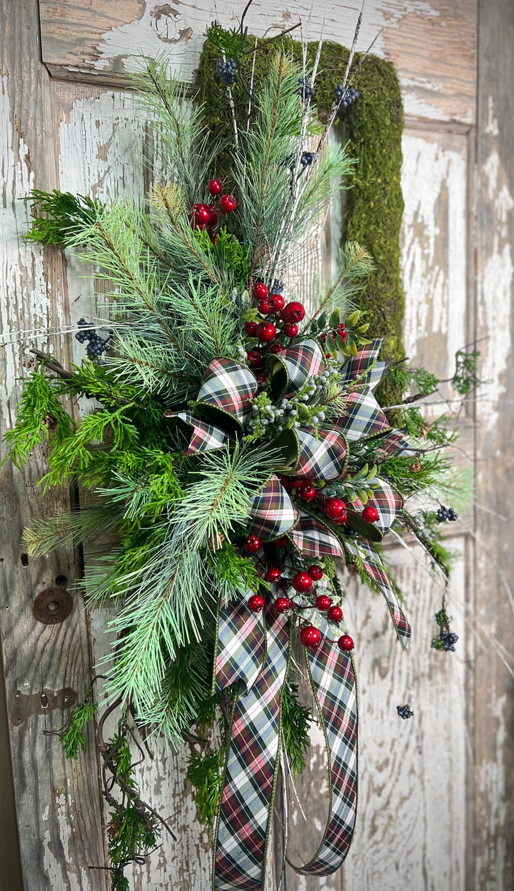 Rustic Woodland Moss Christmas Wreath - Designer ribbon Bow