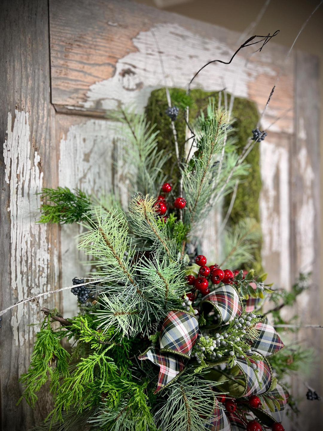 Rustic Woodland Moss Christmas Wreath - Designer ribbon Bow