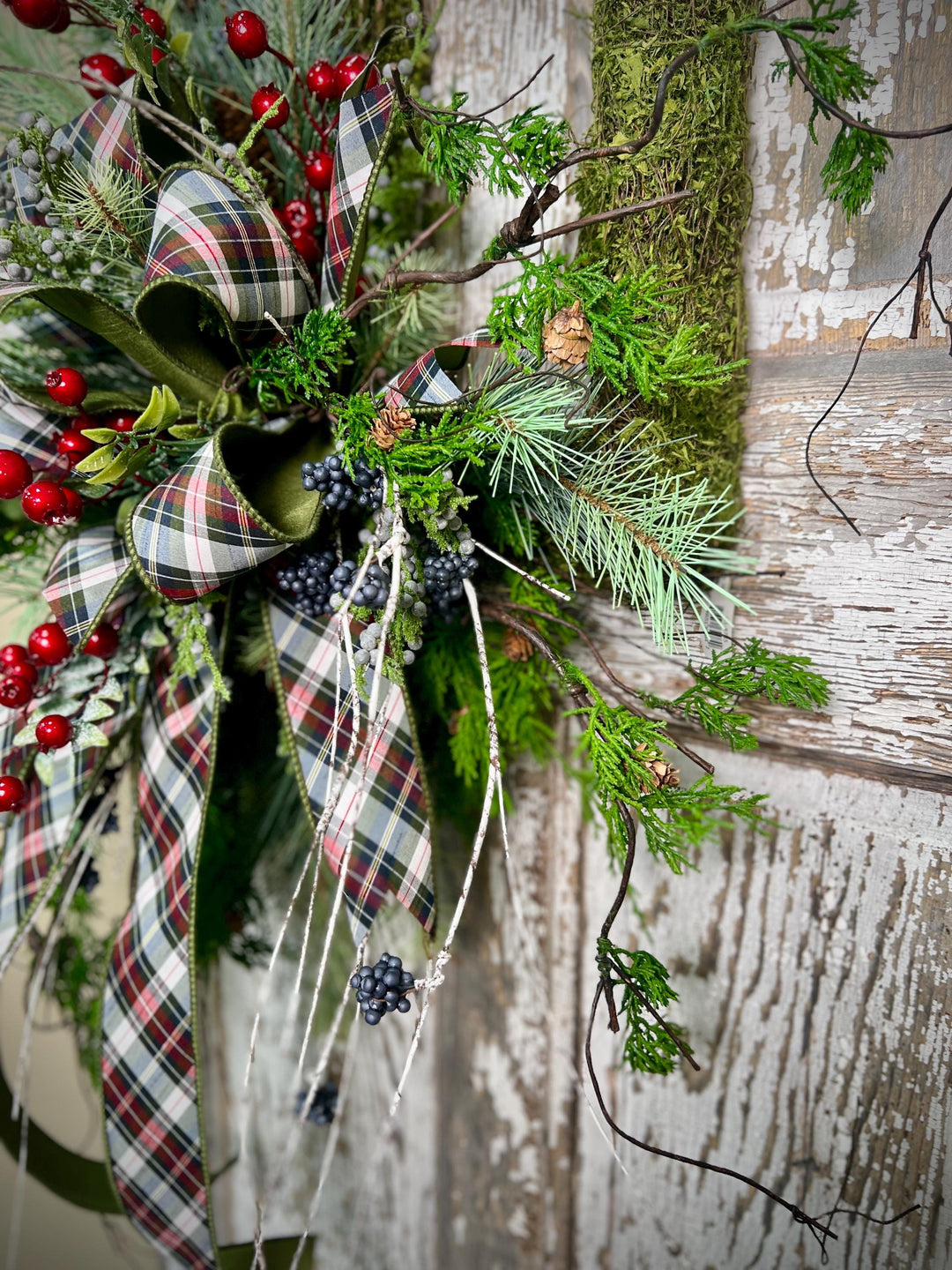 Rustic Woodland Moss Christmas Wreath - Designer ribbon Bow