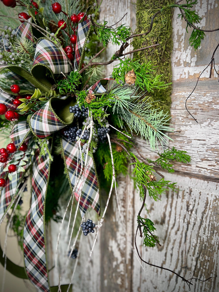 Rustic Woodland Moss Christmas Wreath - Designer ribbon Bow