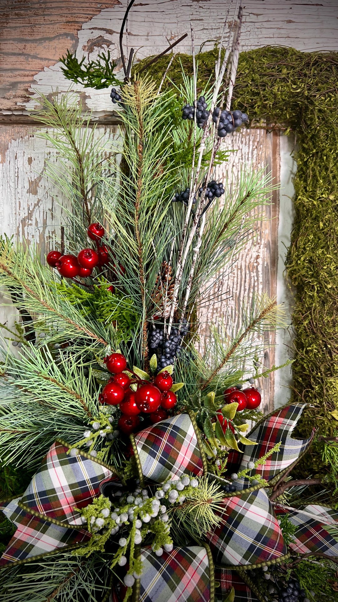 Rustic Woodland Moss Christmas Wreath - Designer ribbon Bow