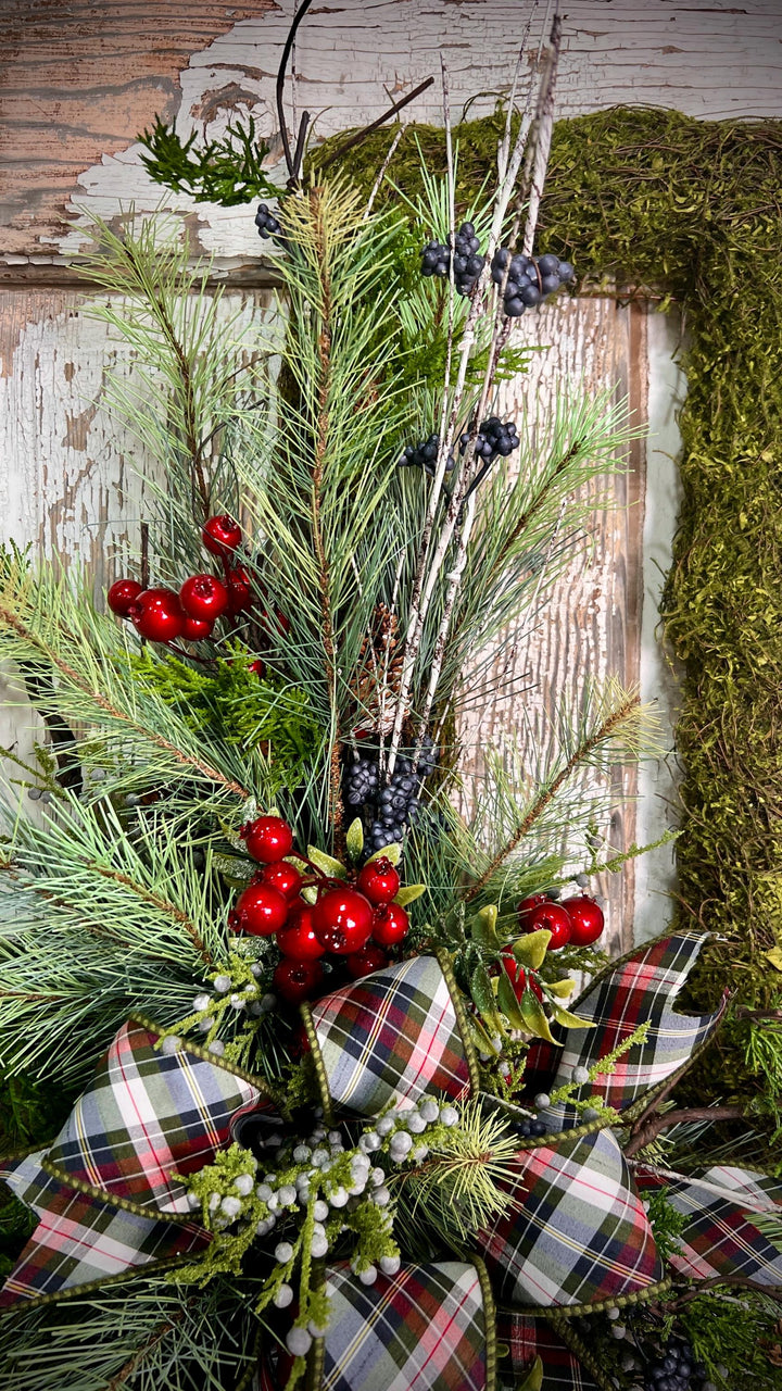 Rustic Woodland Moss Christmas Wreath - Designer ribbon Bow