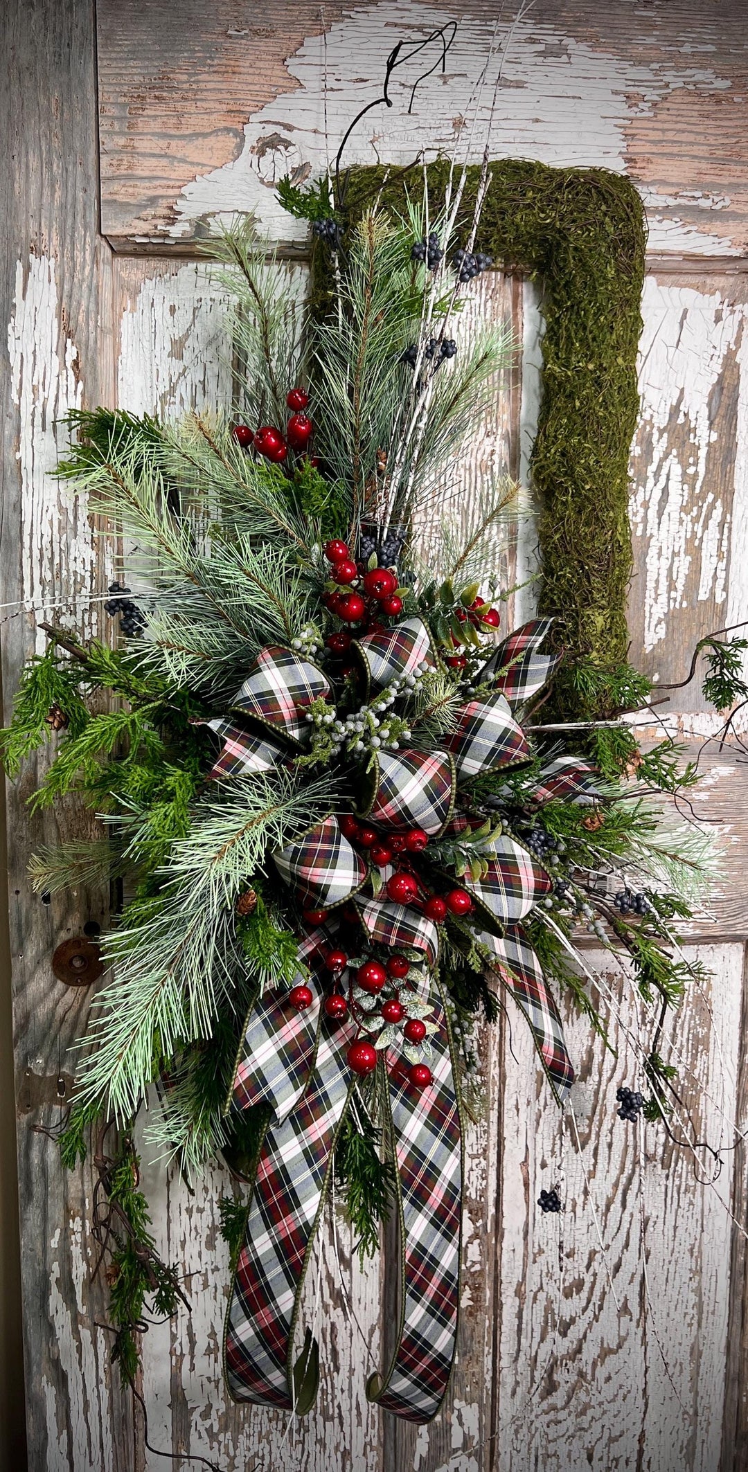 Rustic Woodland Moss Christmas Wreath - Designer ribbon Bow