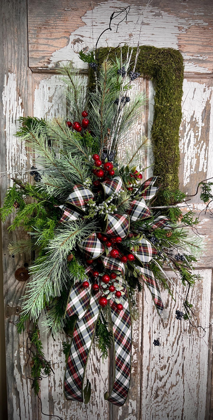 Rustic Woodland Moss Christmas Wreath - Designer ribbon Bow