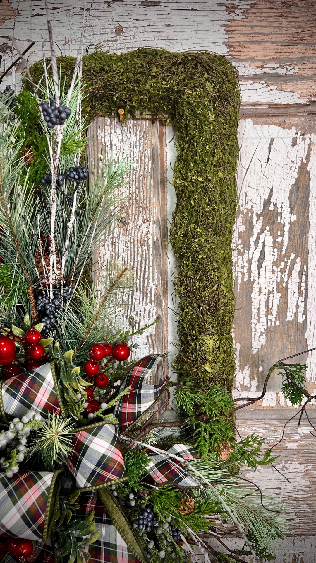 Rustic Woodland Moss Christmas Wreath - Designer ribbon Bow