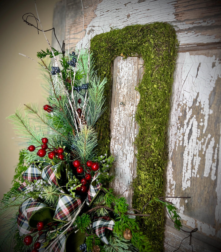 Rustic Woodland Moss Christmas Wreath - Designer ribbon Bow
