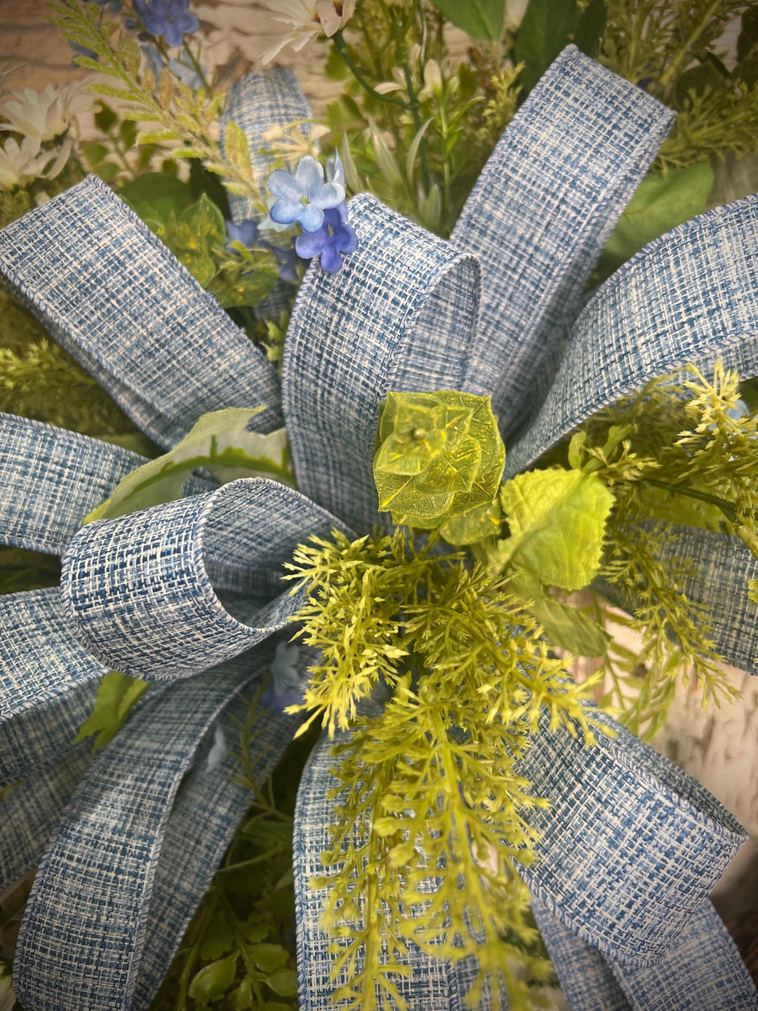 Spring Grapevine Wreath with Daisies and blue flowers - Cross Checked powdered Blue Bow