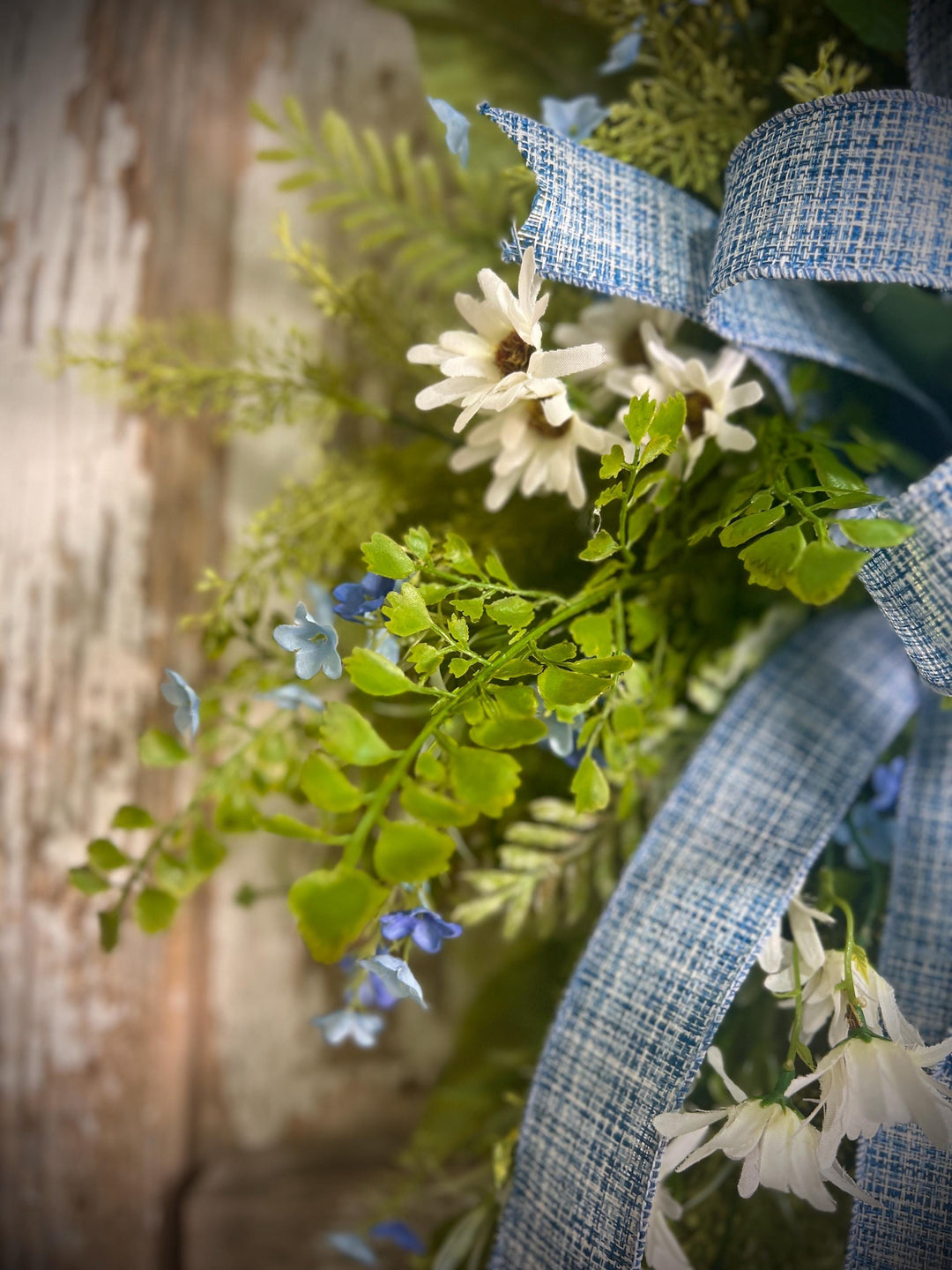 Spring Grapevine Wreath with Daisies and blue flowers - Cross Checked powdered Blue Bow