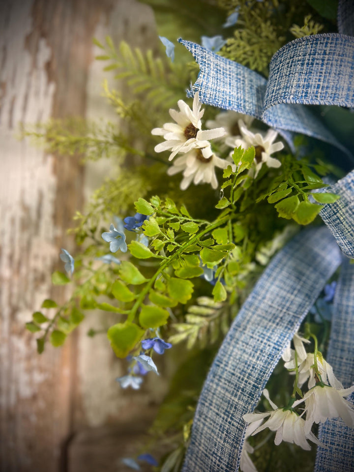 Spring Grapevine Wreath with Daisies and blue flowers - Cross Checked powdered Blue Bow