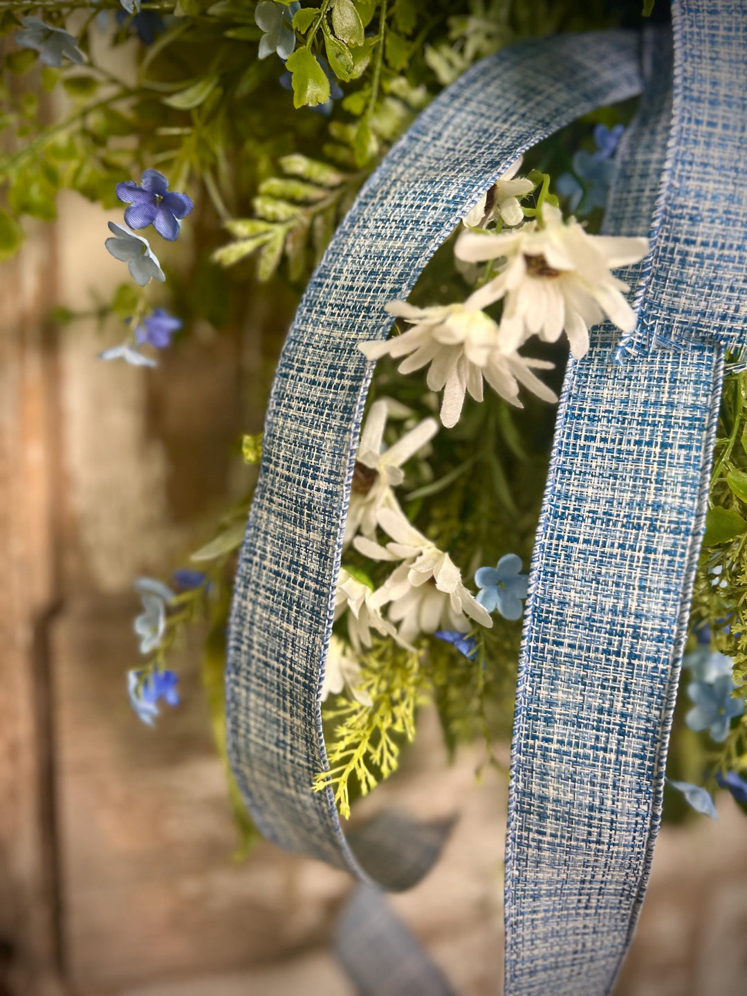 Spring Grapevine Wreath with Daisies and blue flowers - Cross Checked powdered Blue Bow