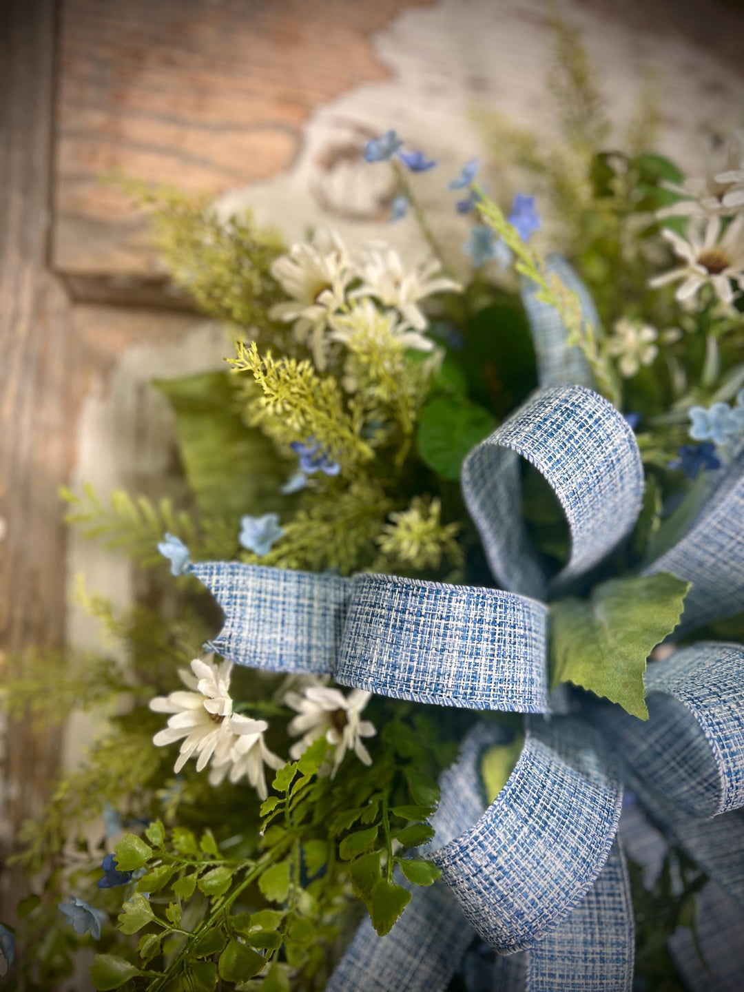 Spring Grapevine Wreath with Daisies and blue flowers - Cross Checked powdered Blue Bow