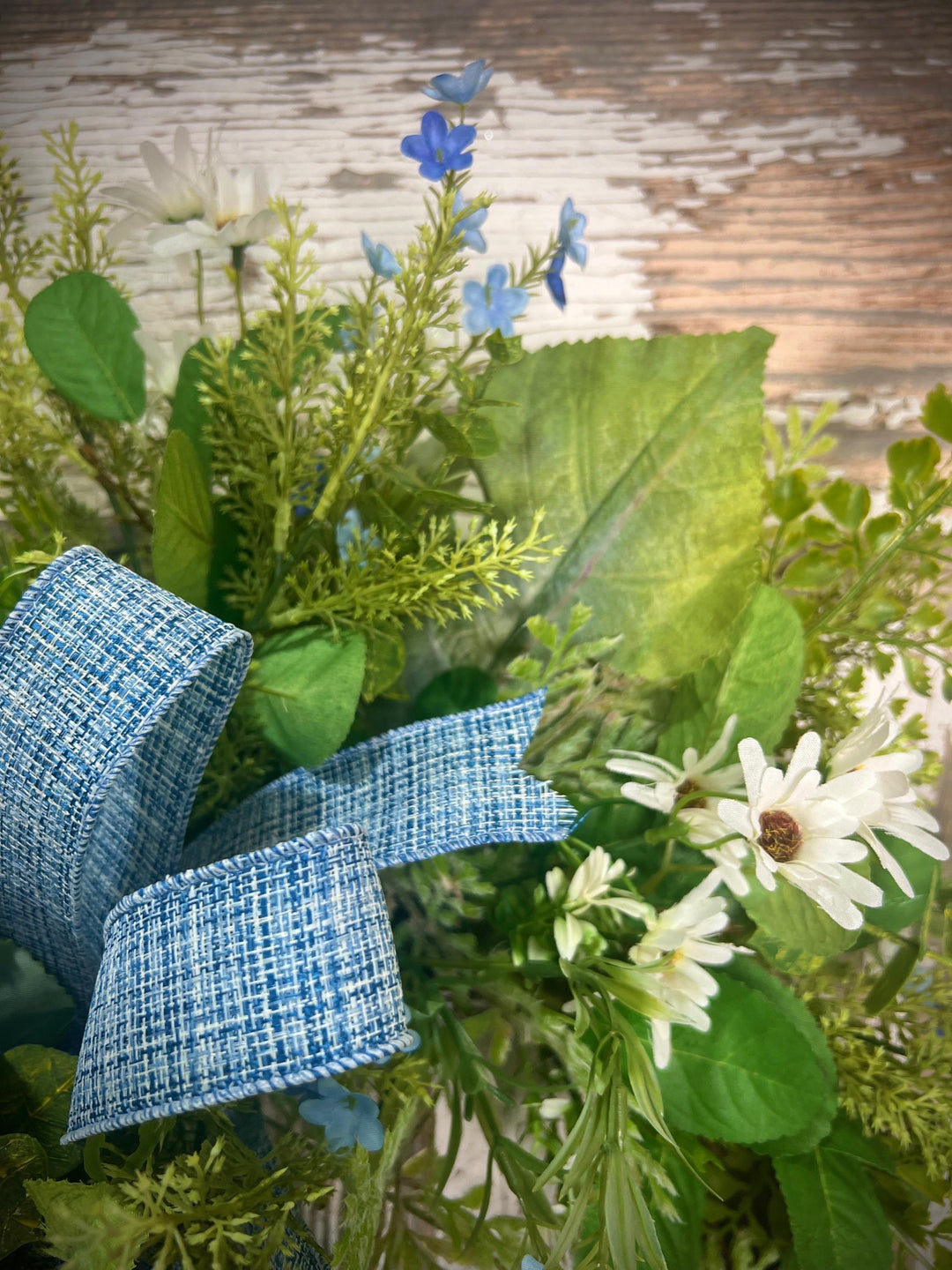 Spring Grapevine Wreath with Daisies and blue flowers - Cross Checked powdered Blue Bow
