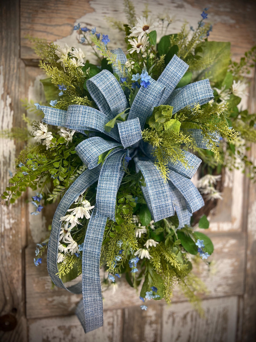 Spring Grapevine Wreath with Daisies and blue flowers - Cross Checked powdered Blue Bow