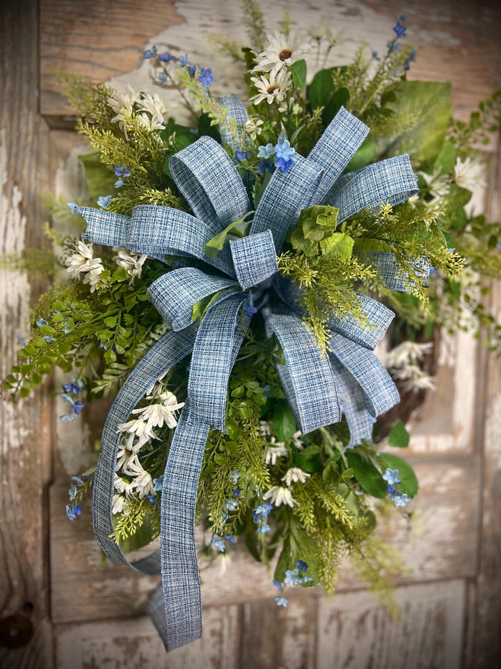 Spring Grapevine Wreath with Daisies and blue flowers - Cross Checked powdered Blue Bow