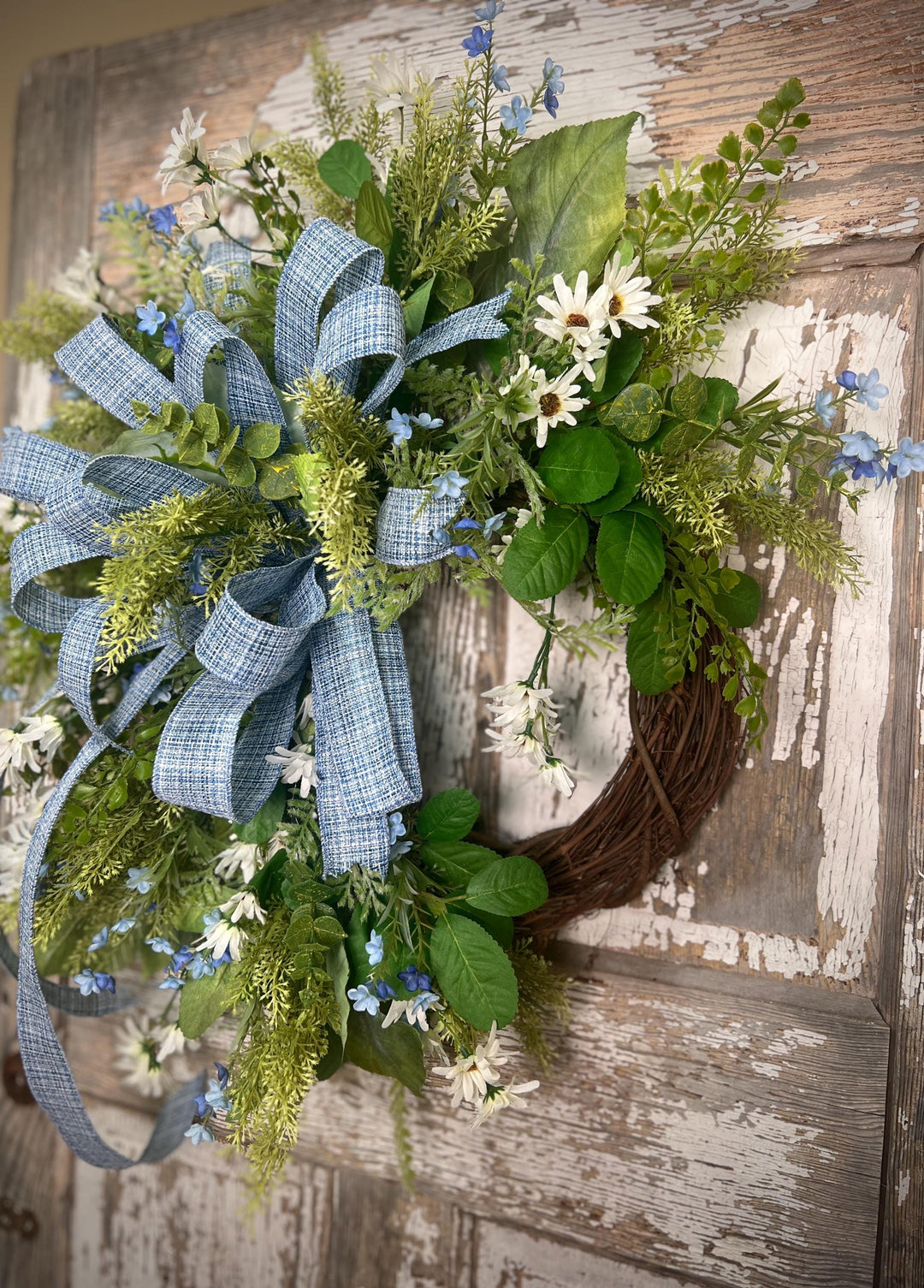 Spring Grapevine Wreath with Daisies and blue flowers - Cross Checked powdered Blue Bow