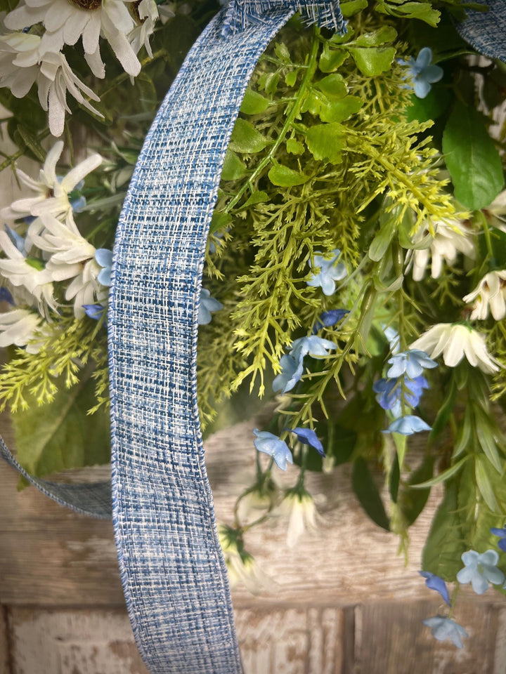 Spring Grapevine Wreath with Daisies and blue flowers - Cross Checked powdered Blue Bow