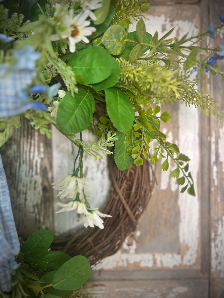 Spring Grapevine Wreath with Daisies and blue flowers - Cross Checked powdered Blue Bow