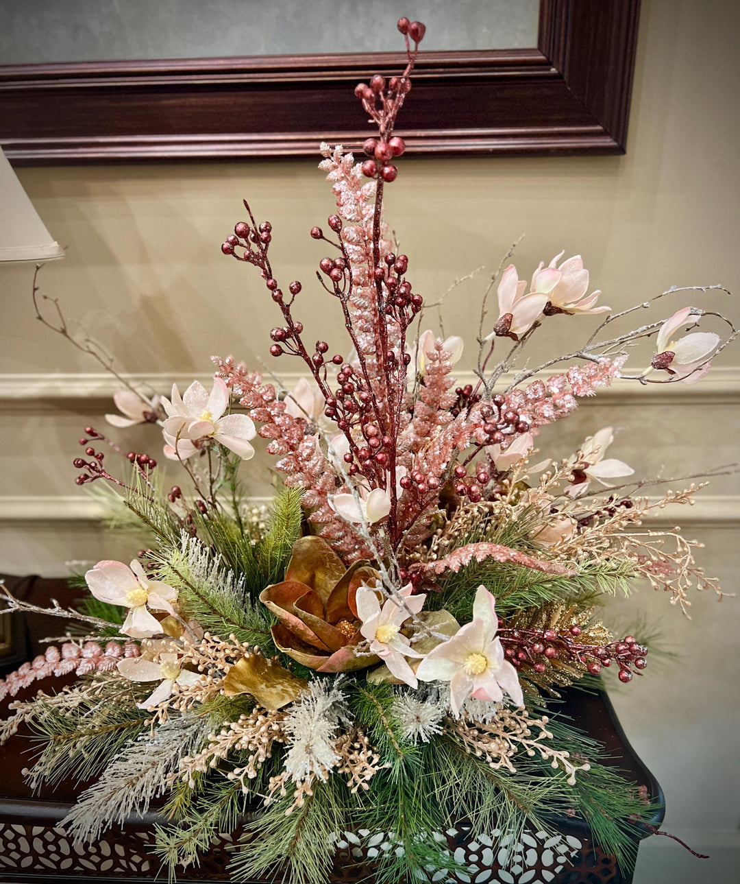 Floral Centerpiece Arrangement for Winter or Christmas -Elegant Magnolias