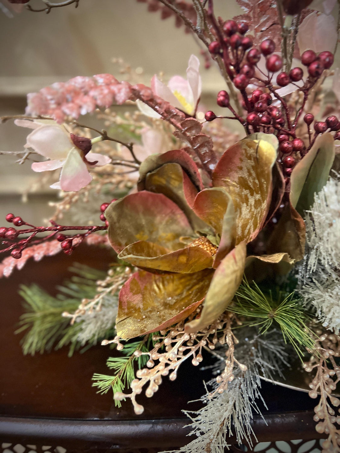 Floral Centerpiece Arrangement for Winter or Christmas -Elegant Magnolias