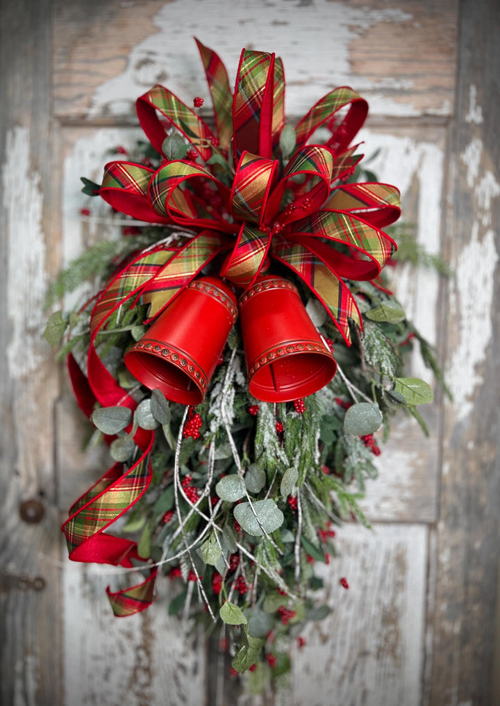 Teardrop Evergreen Swag, with Norfolk Snowy Pine, Berries, Cedar, Birch Twigs, Bells - Designer Bow