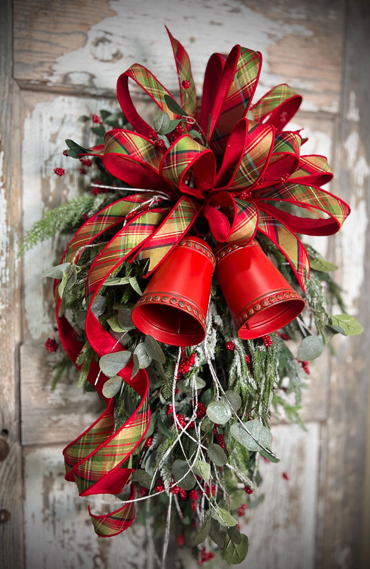 Teardrop Evergreen Swag, with Norfolk Snowy Pine, Berries, Cedar, Birch Twigs, Bells - Designer Bow
