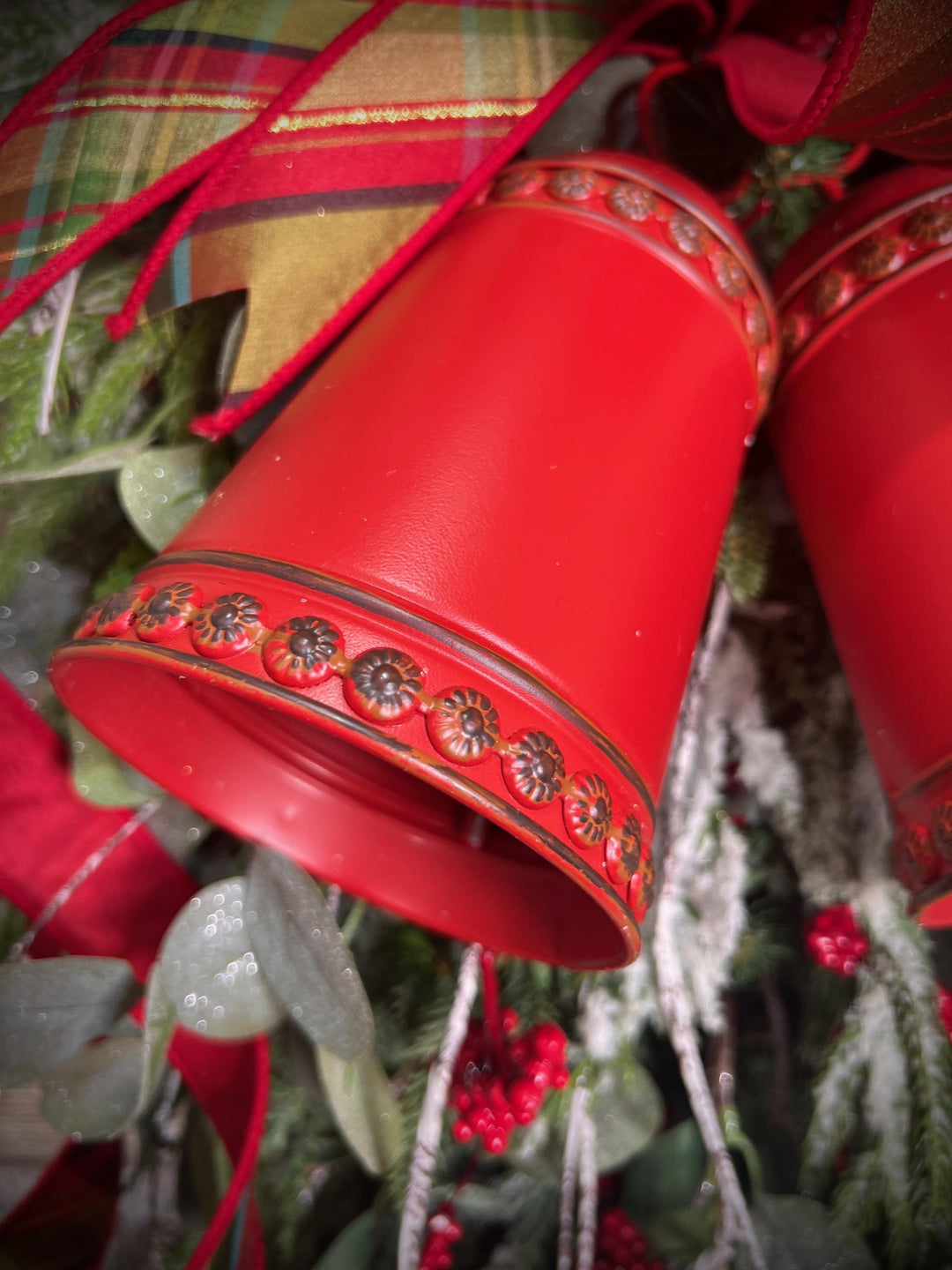 Teardrop Evergreen Swag, with Norfolk Snowy Pine, Berries, Cedar, Birch Twigs, Bells - Designer Bow