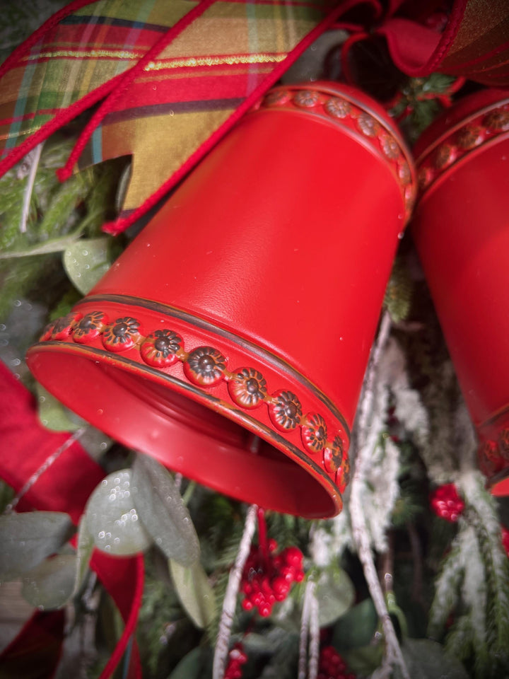 Teardrop Evergreen Swag, with Norfolk Snowy Pine, Berries, Cedar, Birch Twigs, Bells - Designer Bow