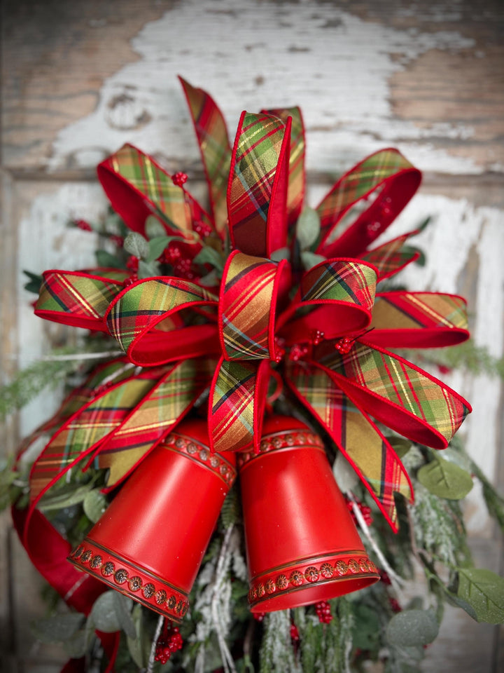 Teardrop Evergreen Swag, with Norfolk Snowy Pine, Berries, Cedar, Birch Twigs, Bells - Designer Bow