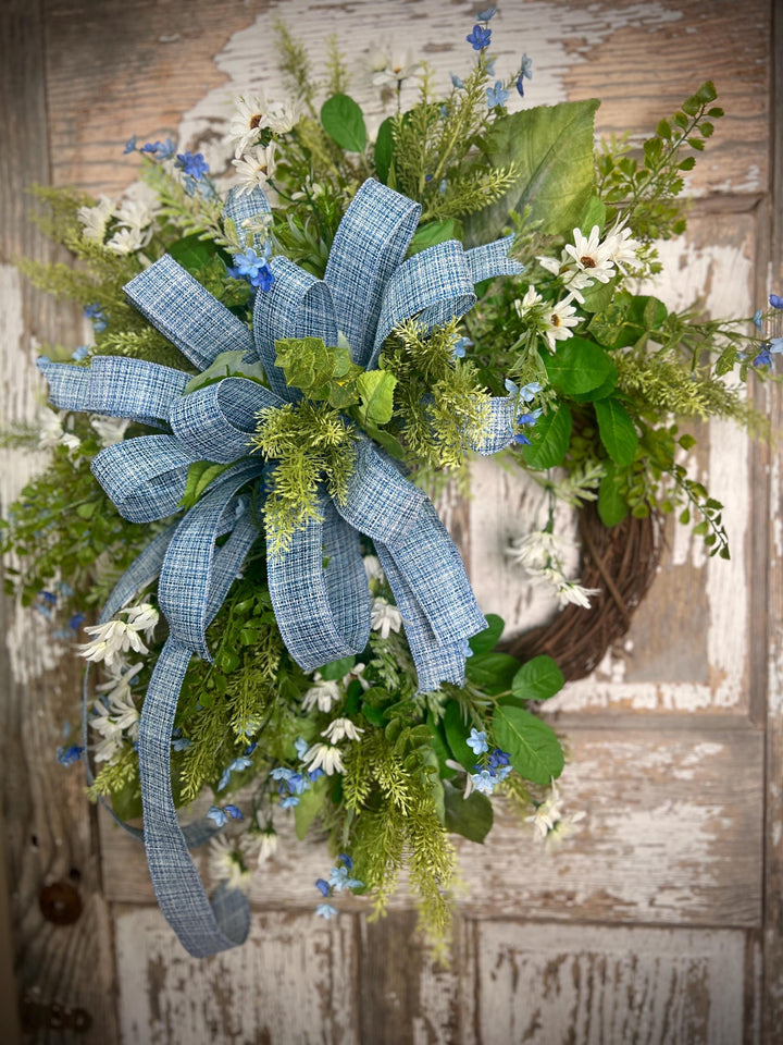 Spring Grapevine Wreath with Daisies and blue flowers - Cross Checked powdered Blue Bow