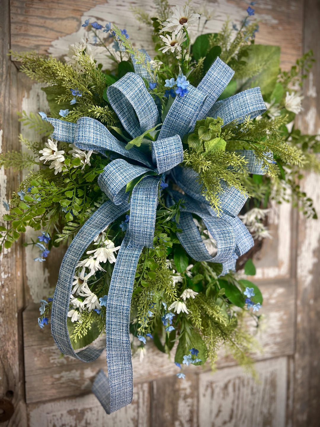 Spring Grapevine Wreath with Daisies and blue flowers - Cross Checked powdered Blue Bow
