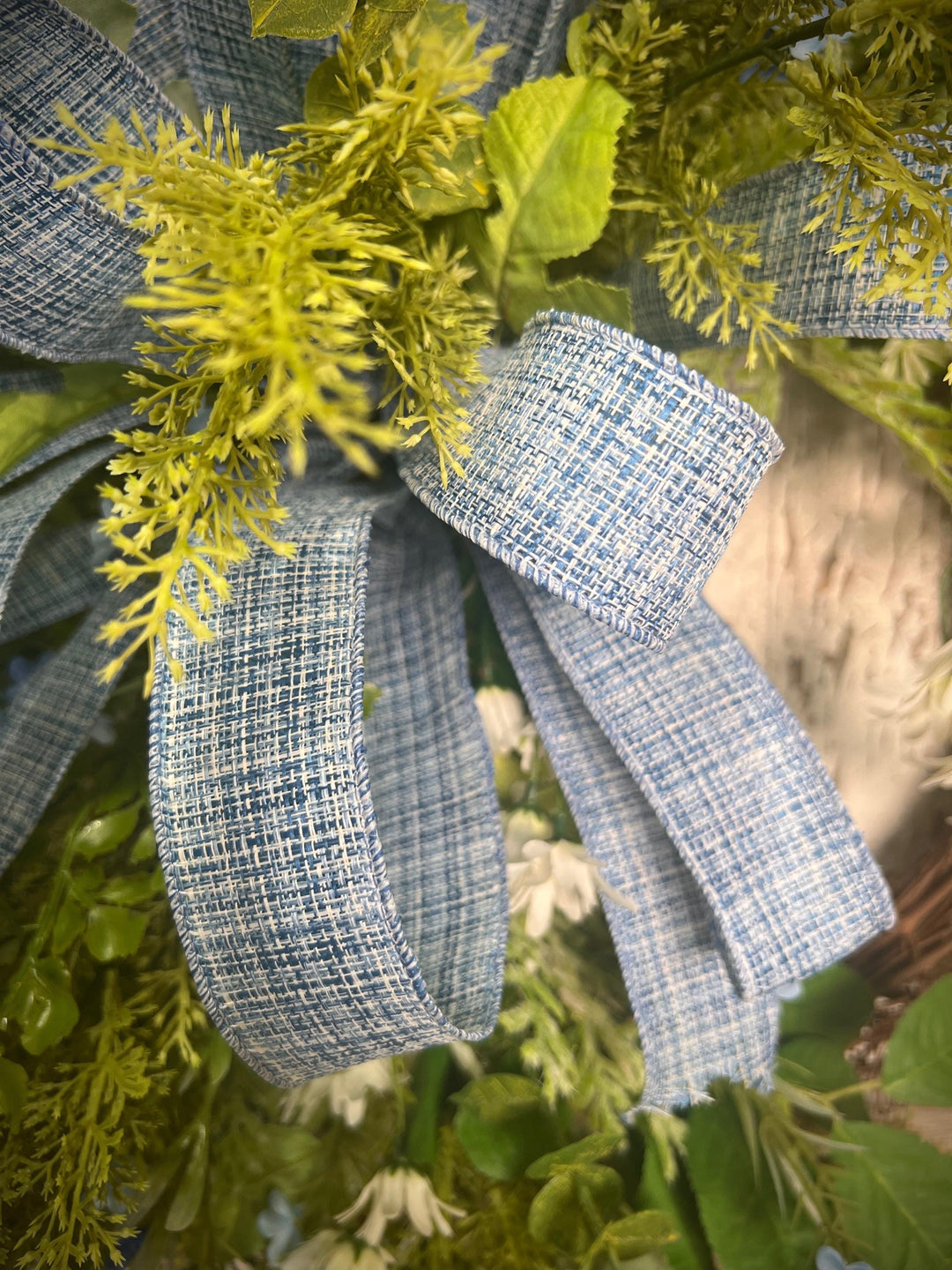 Spring Grapevine Wreath with Daisies and blue flowers - Cross Checked powdered Blue Bow