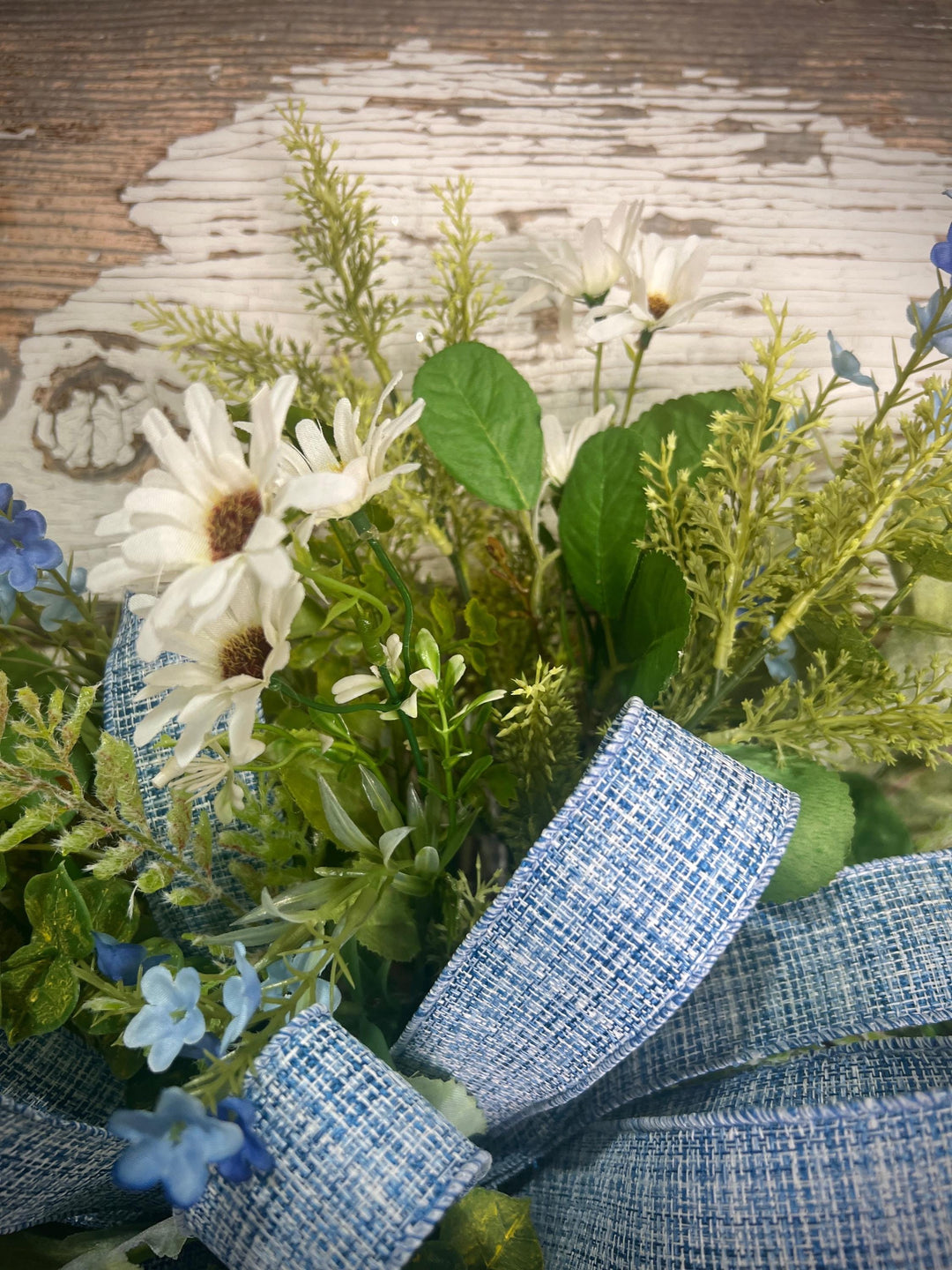 Spring Grapevine Wreath with Daisies and blue flowers - Cross Checked powdered Blue Bow