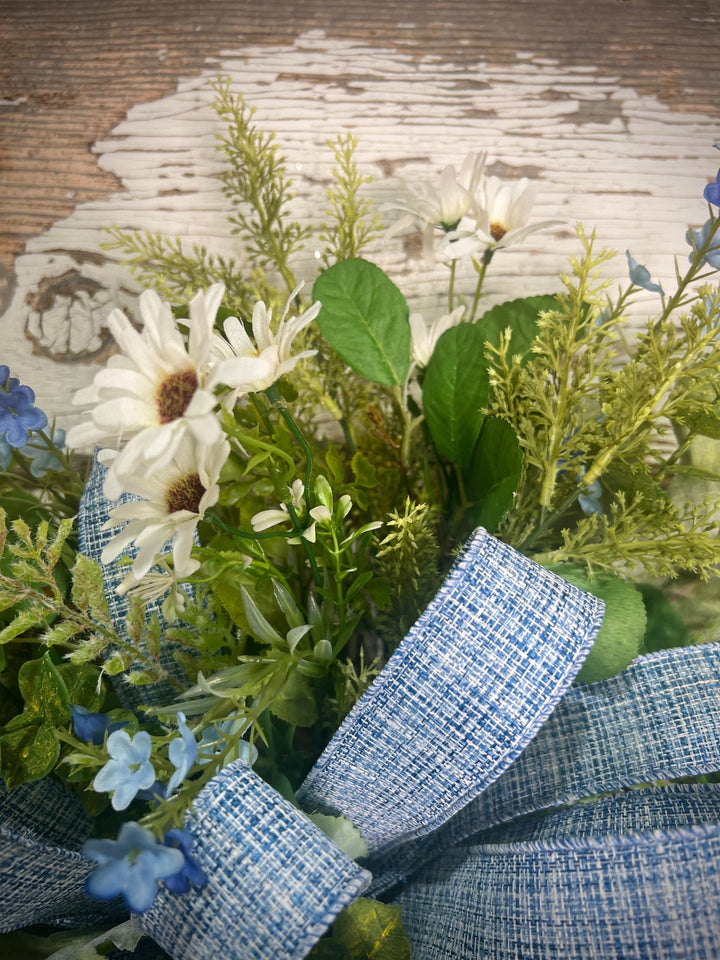 Spring Grapevine Wreath with Daisies and blue flowers - Cross Checked powdered Blue Bow