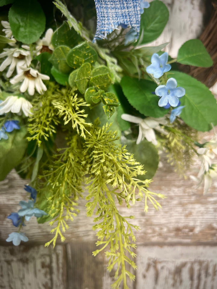 Spring Grapevine Wreath with Daisies and blue flowers - Cross Checked powdered Blue Bow