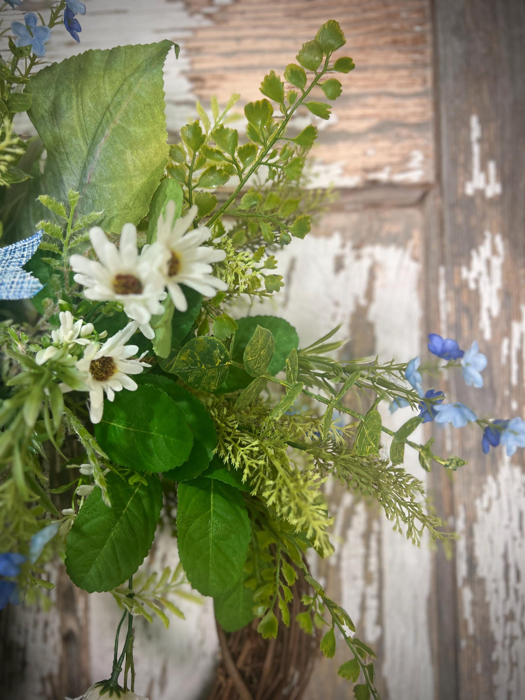 Spring Grapevine Wreath with Daisies and blue flowers - Cross Checked powdered Blue Bow