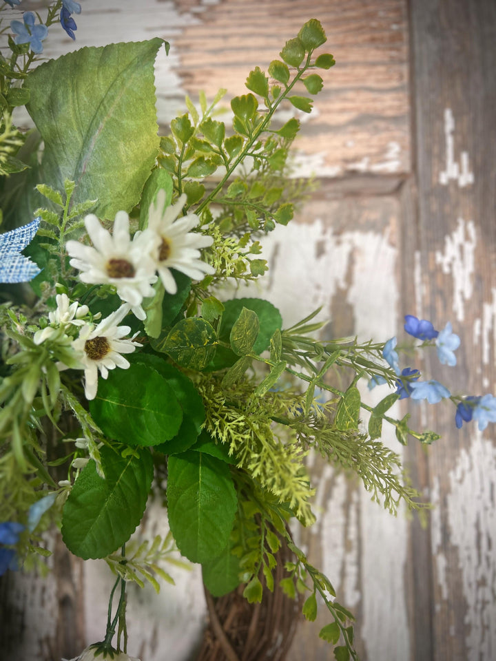 Spring Grapevine Wreath with Daisies and blue flowers - Cross Checked powdered Blue Bow