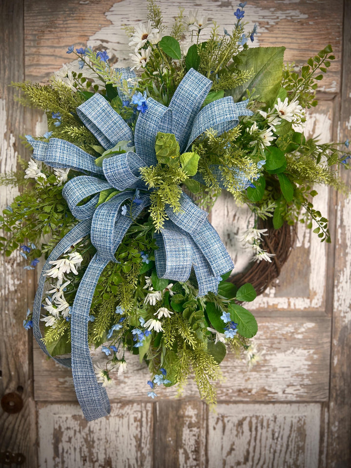 Spring Grapevine Wreath with Daisies and blue flowers - Cross Checked powdered Blue Bow