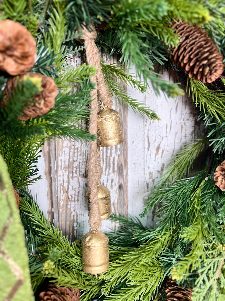 Woodland Cedar and Pine Christmas Wreath with Pine Cones -Designer Ribbon Bow and Gold Bells