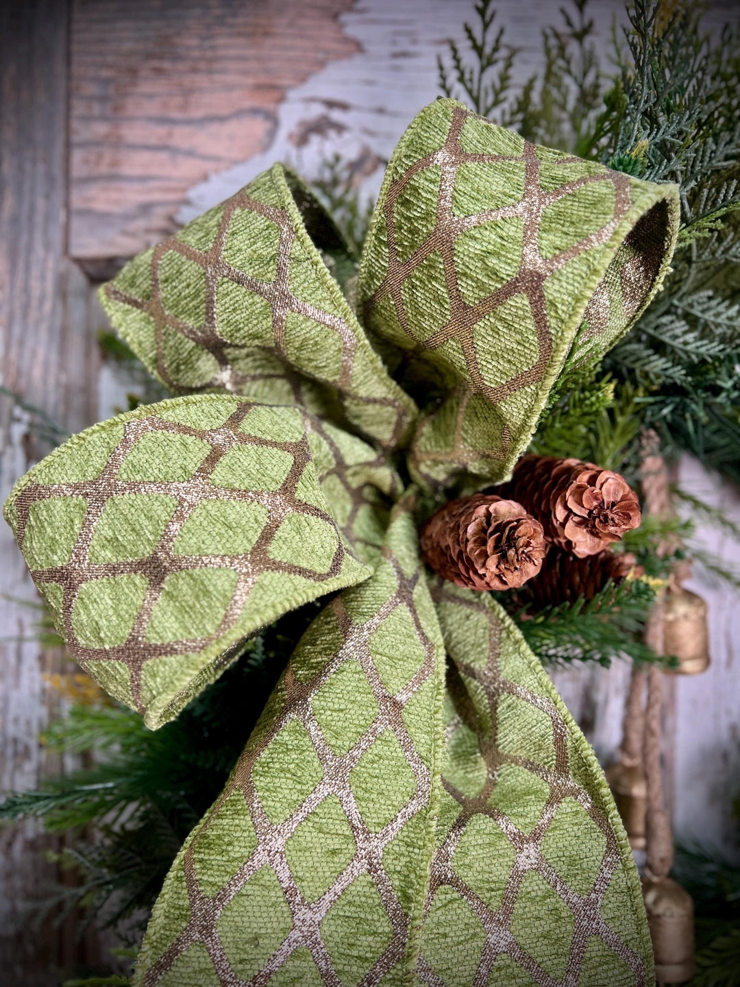 Woodland Cedar and Pine Christmas Wreath with Pine Cones -Designer Ribbon Bow and Gold Bells